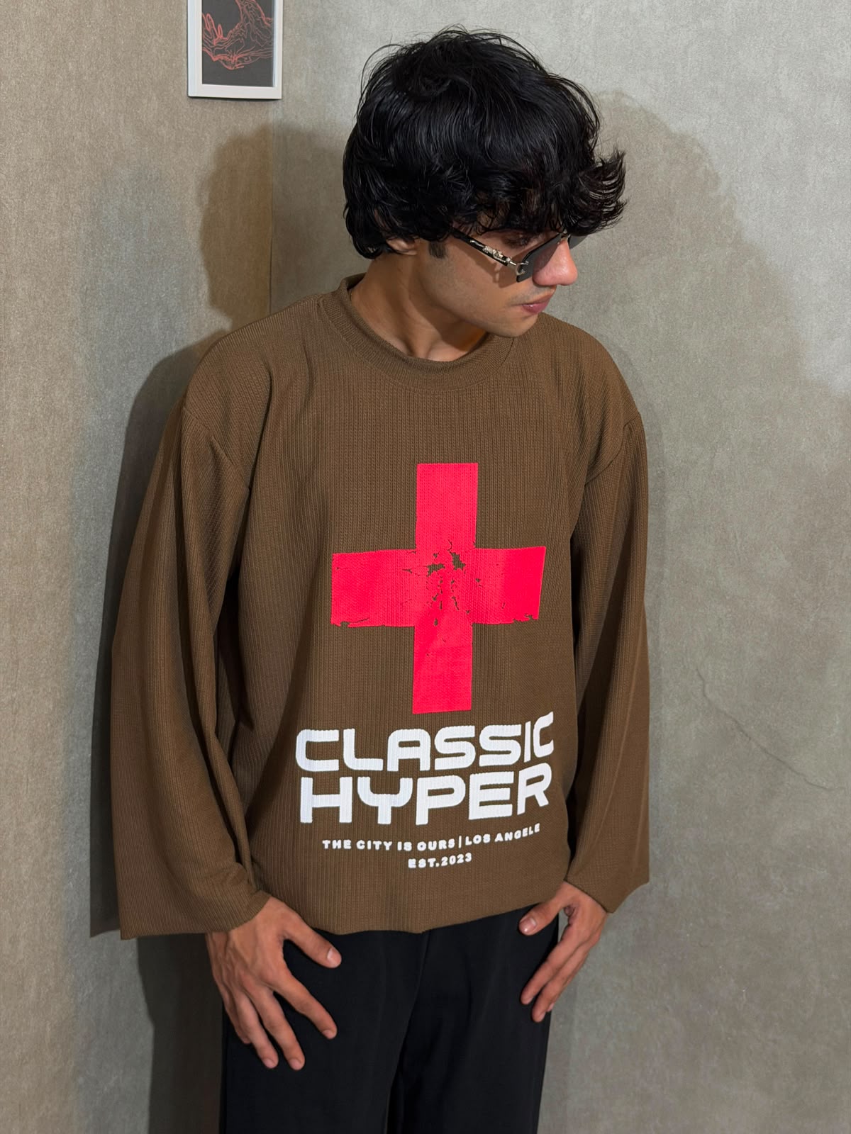 Classic Hyper Brown Oversized Waffle Knit Full Sleeve T-Shirt