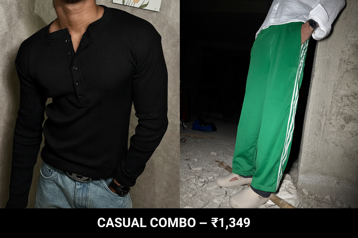 Casual Combo – Black Henley & Green Vintage Trackpant