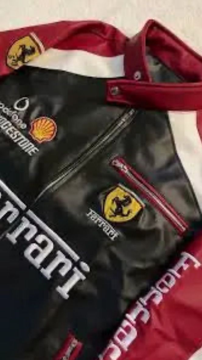 Ferrari Maroon and Black Leather Jacket (Embroidered)