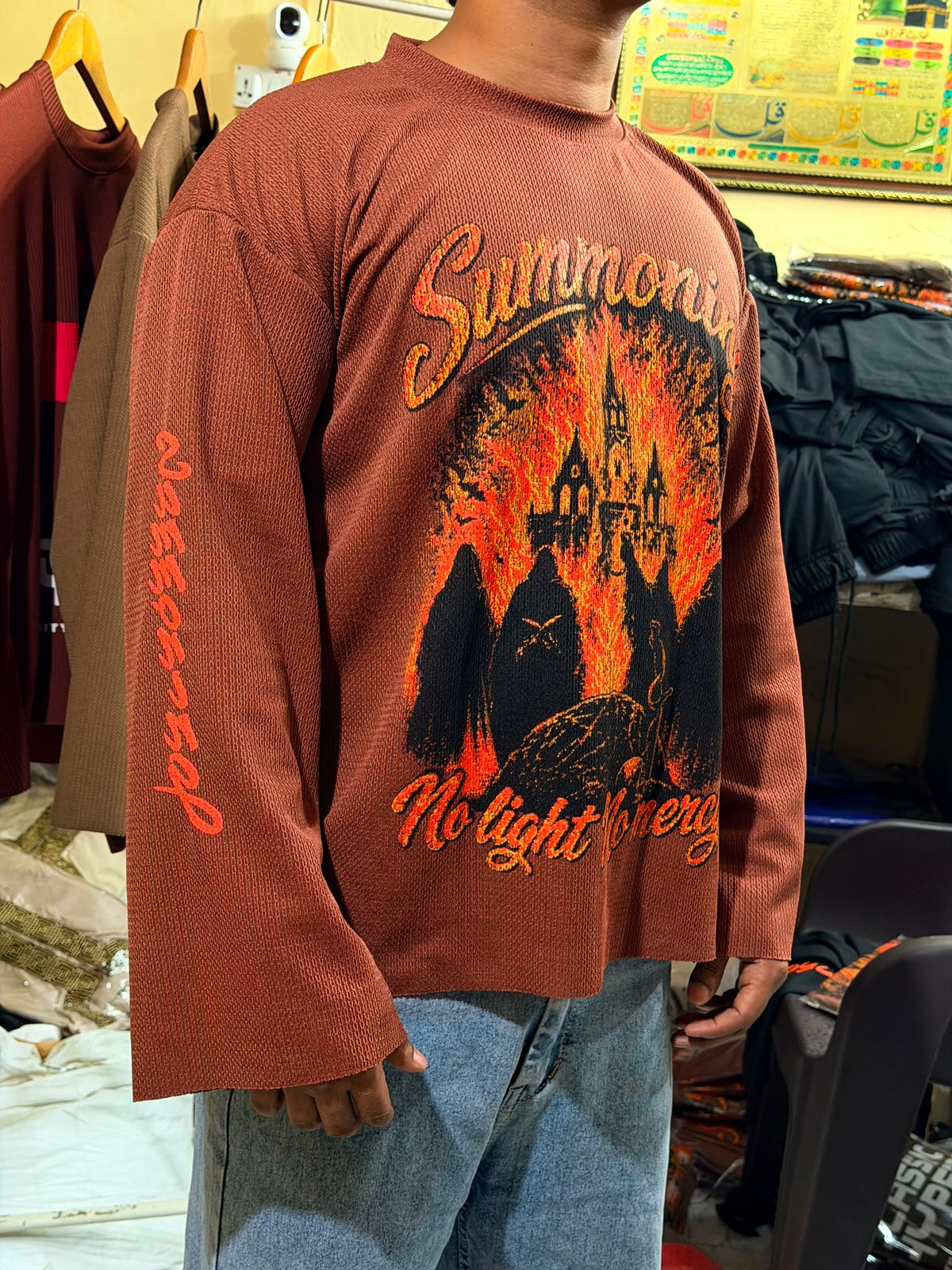 No Light No Life Burgundy Oversized Waffle Knit Graphic T-Shirt