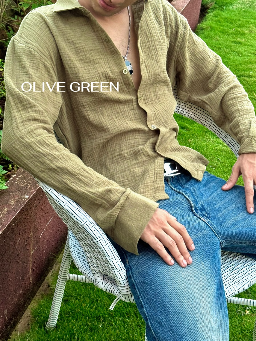 olive green gauze shirt men boxy fit