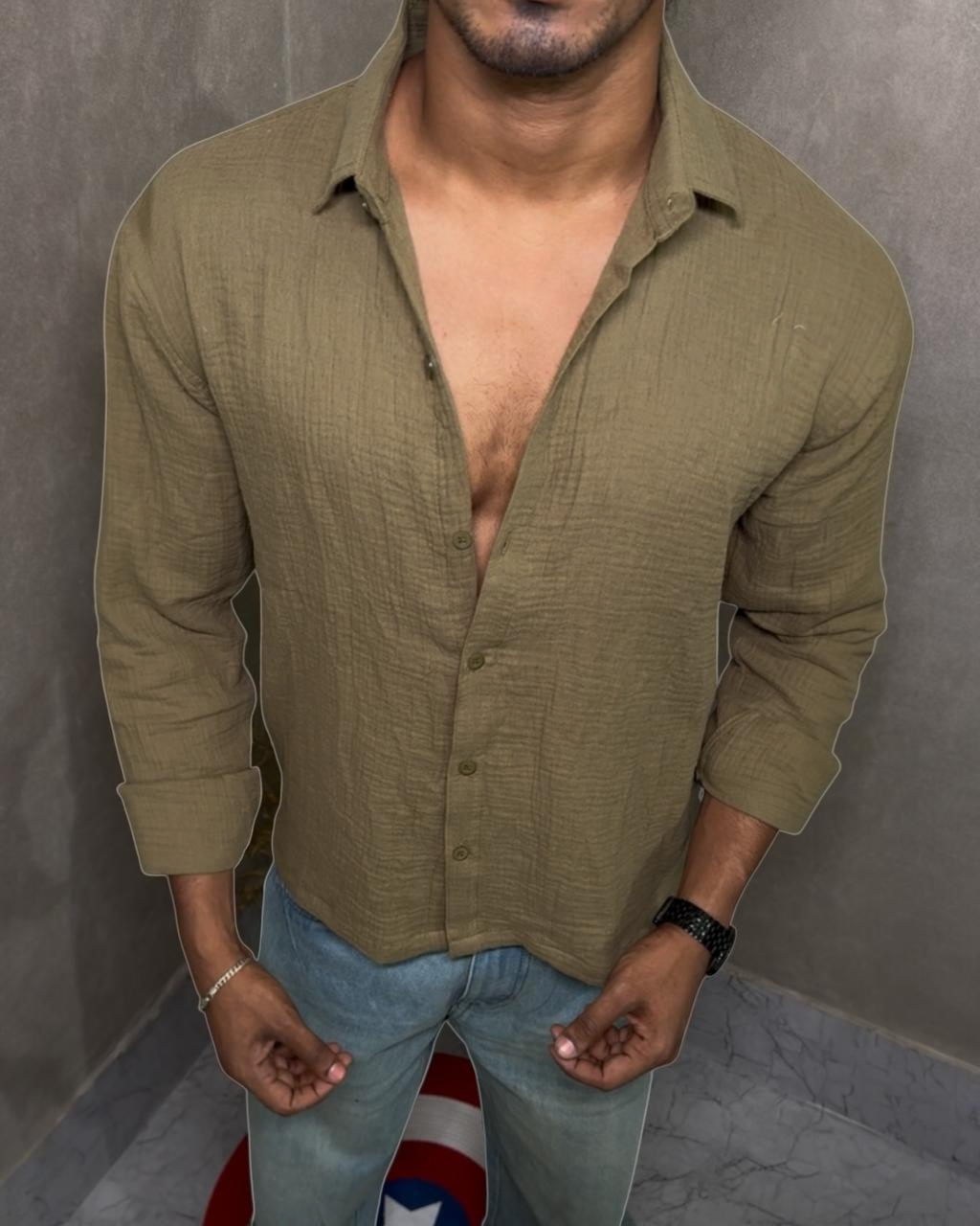 boxy fit olive green shirt men