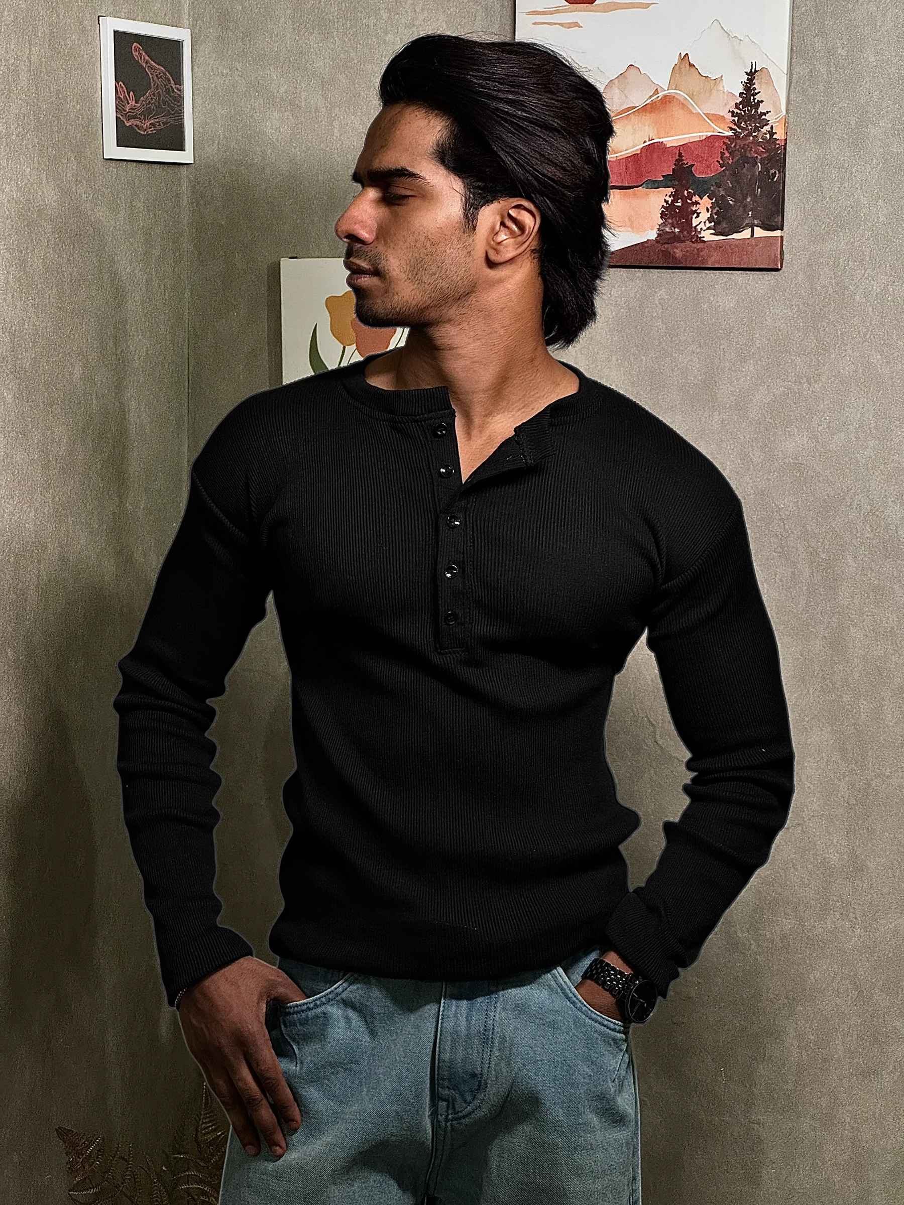 Black Henley T-Shirt for Men – Premium Ribbed Slim Fit