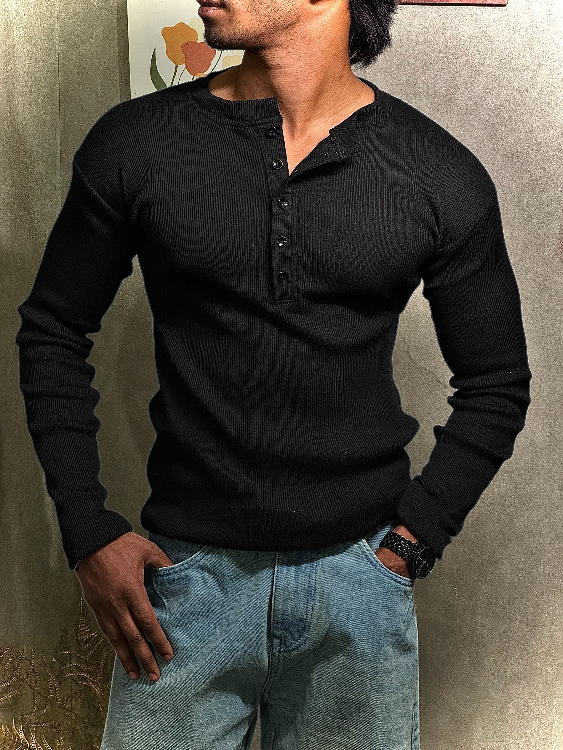 Black Henley T-Shirt for Men – Premium Ribbed Slim Fit