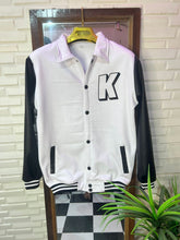 Load image into Gallery viewer, White and black Versity jackets with rexine sleeve
