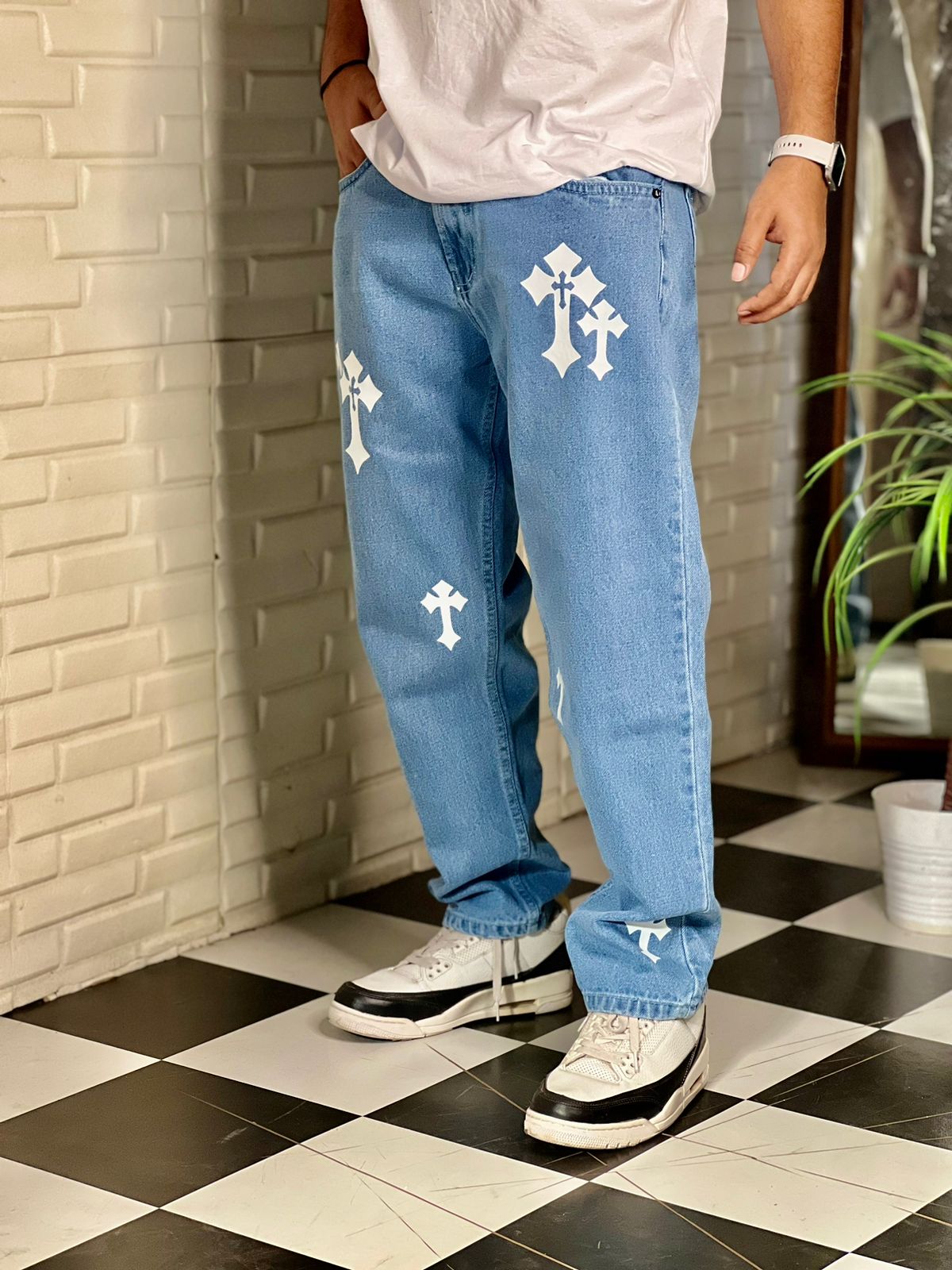Aesthetic Sky Blue Straight Fit Baggy Jeans For Men