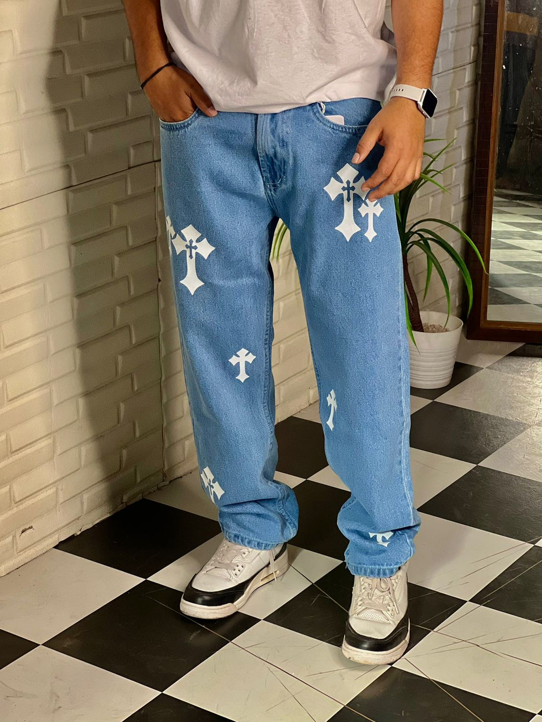 White aesthetic cross denim