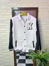 Load image into Gallery viewer, White and black Versity jackets with rexine sleeve
