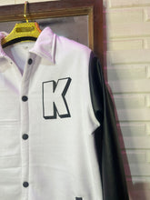 Load image into Gallery viewer, White and black Versity jackets with rexine sleeve
